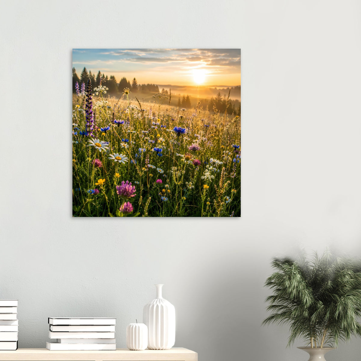 Quadratisches Poster mit Wildblumenwiese und Sonnenuntergang im schwarzen Rahmen