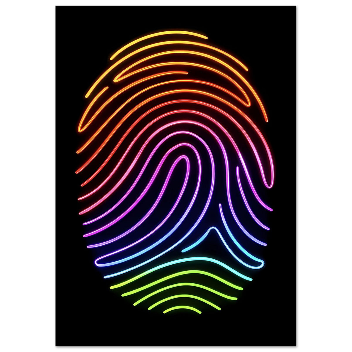 Neon-Regenbogen-Fingerabdruck-Poster, vertikal, leuchtende Konturlinien im Regenbogen