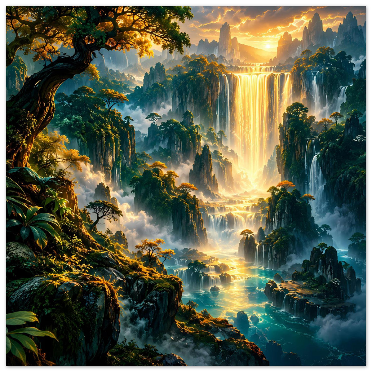 Fantasy-Landschaftsposter: gold leuchtender Wasserfall zwischen hohen Felswänden, blauer Wald im Bild.