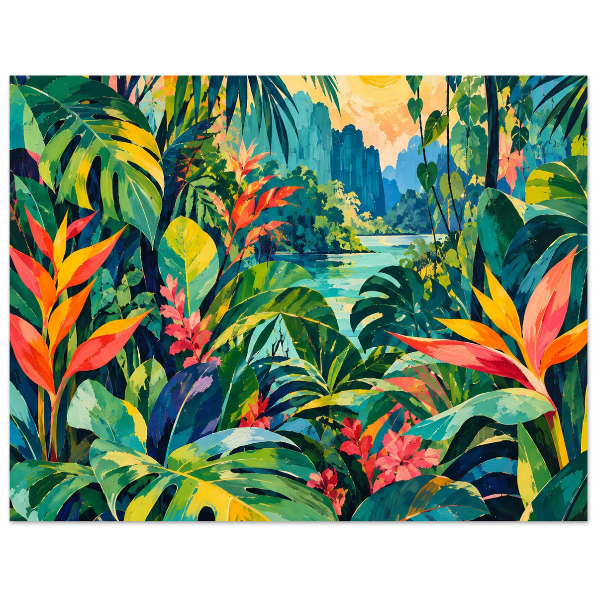 Breites Tropen-Jungle-Poster mit großen Blättern, gelber Sonne und Wasserfläche, gerahmt