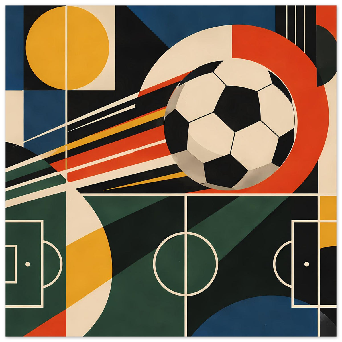Geometrisches Fußballkunst-Poster mit großem Ball und Torlinien, abstrakte Rechtecke und Streifen