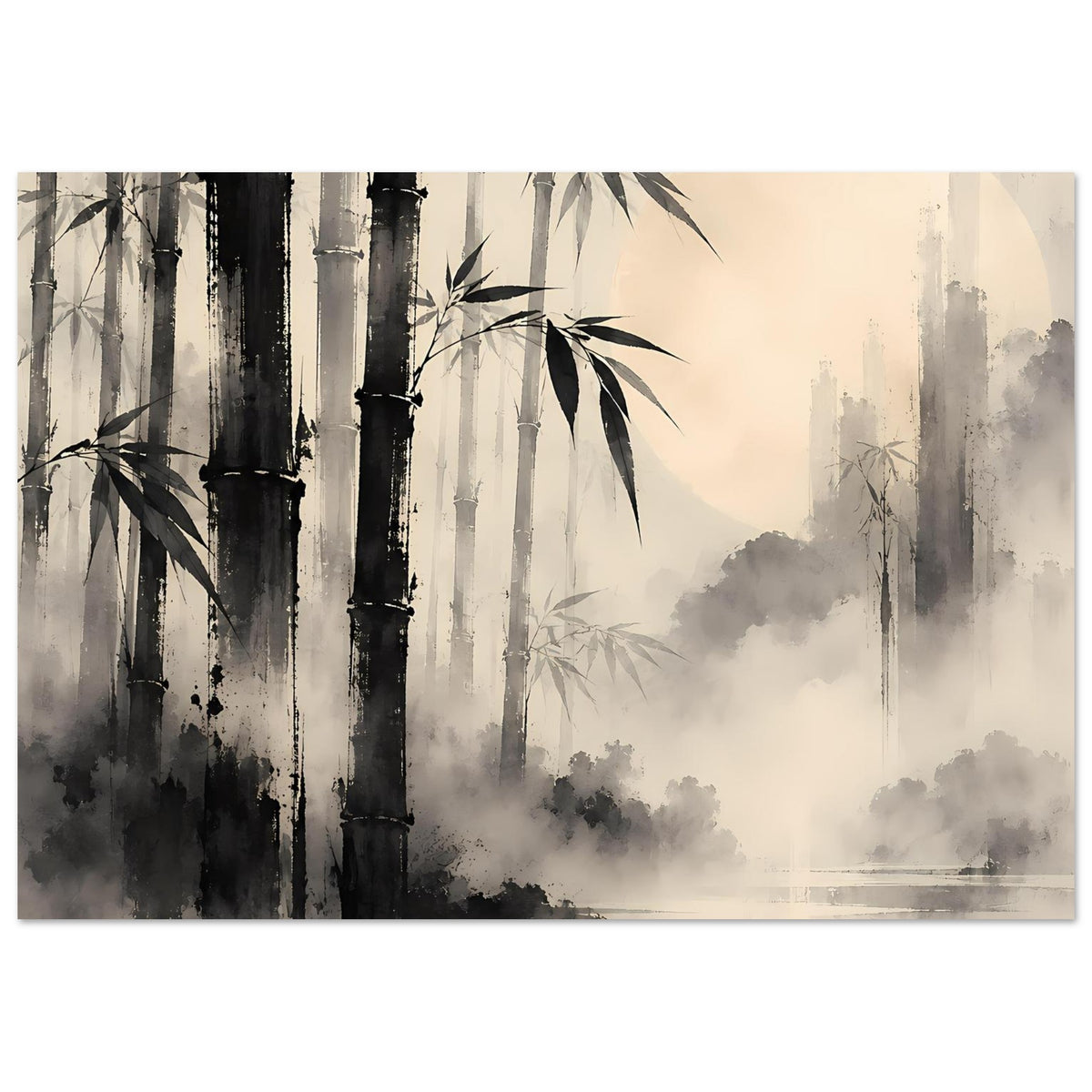 Poster im Querformat: Bambusstämme und Bambusblätter, Nebel über Wasser und Horizont
