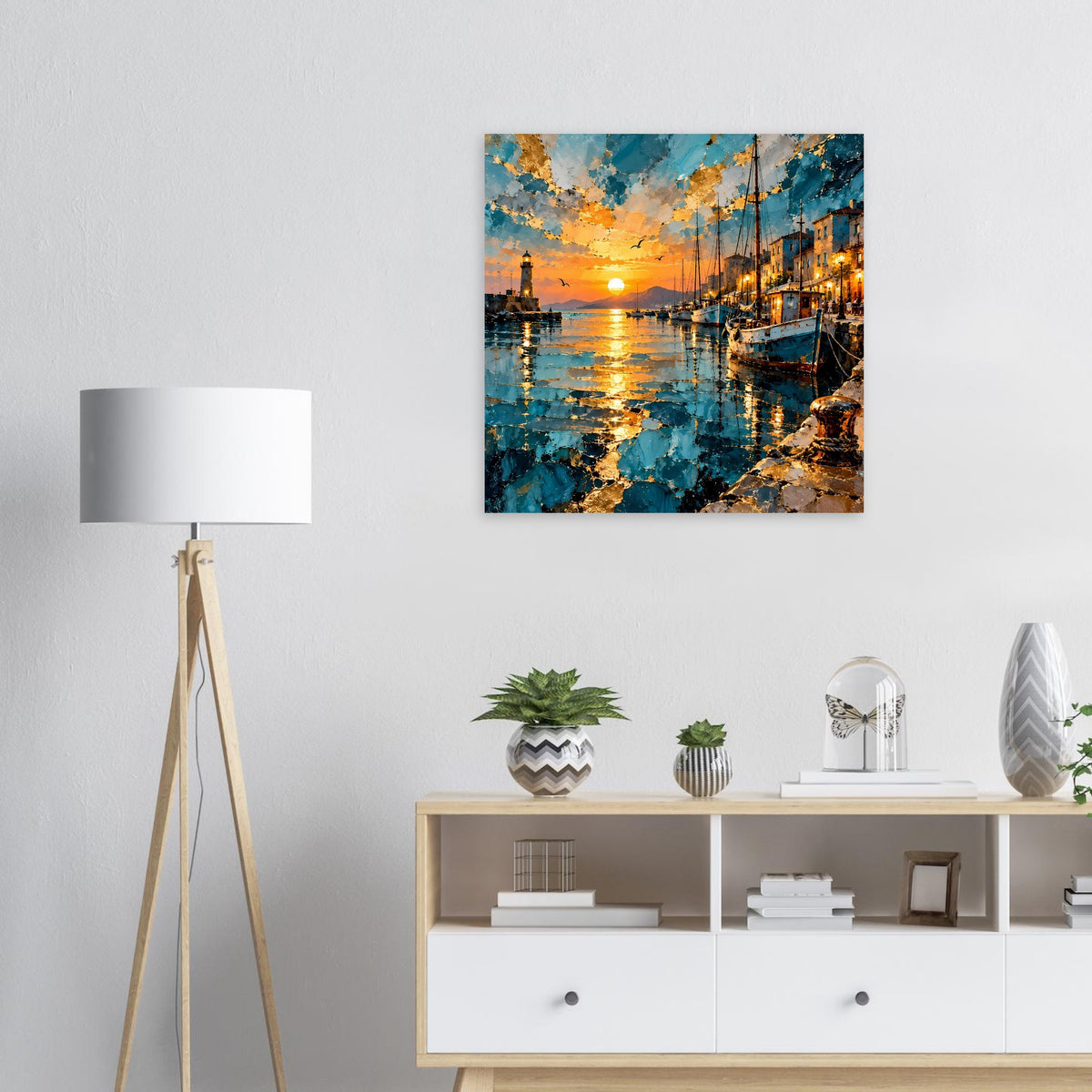 Quadratisches Poster: Hafen bei Sonnenuntergang, goldene Lichtreflexe im Wasser, texturiert