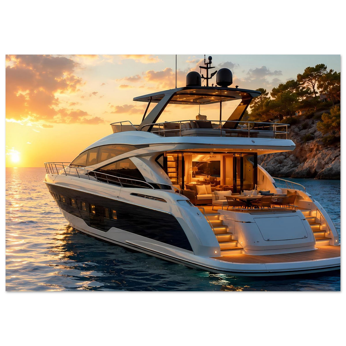 Yachtposter mit Luxusjacht bei Sonnenuntergang, beleuchtete Kabinen und Deckterrasse