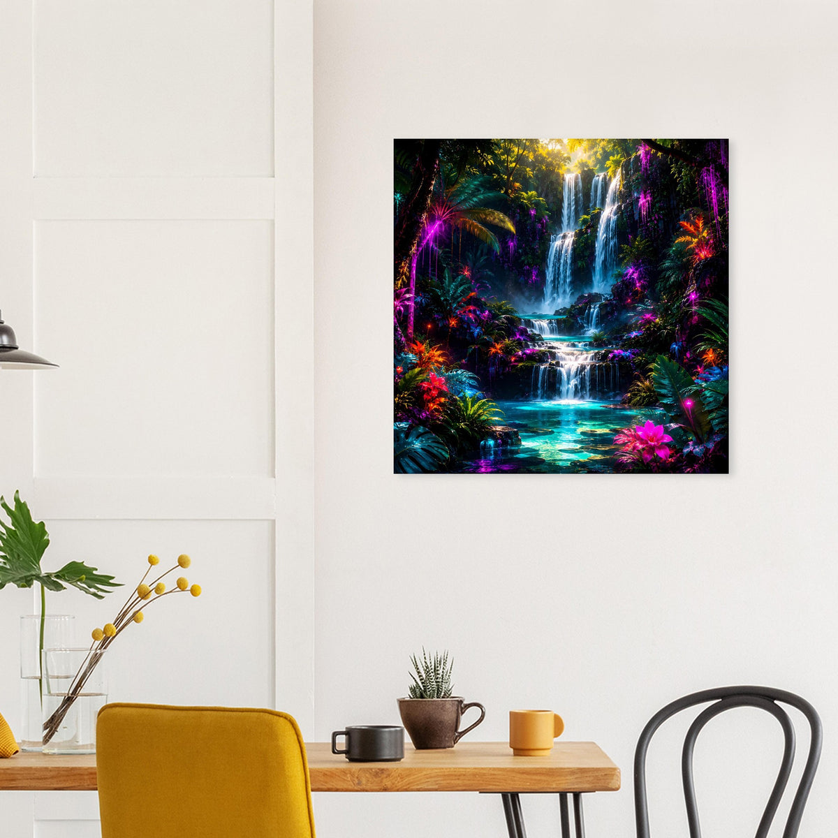 Neon-Regenwald-Wasserfall Poster, quadratisch, schwarzer Rahmen mit Detail in Regenbogenfarben