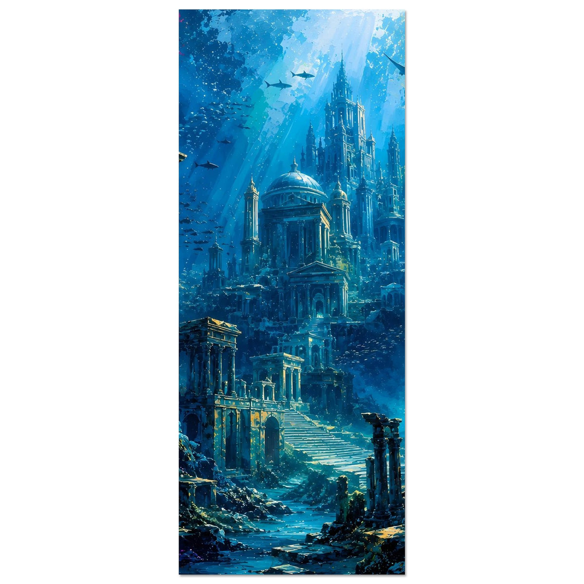 Hochformatiges Poster mit Unterwasserstadt, Kathedralen im Hintergrund, Blauverlauf
