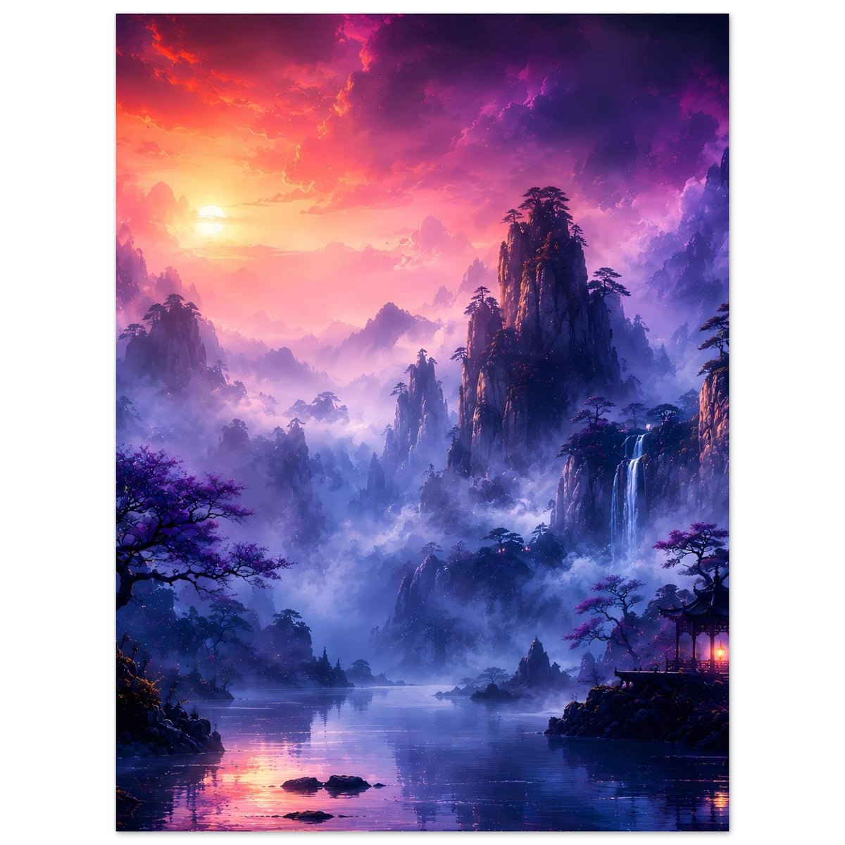 Fantasy-Poster mit violettem Dunst über dem See, Wasserfall rechts und Sonnenaufgang links