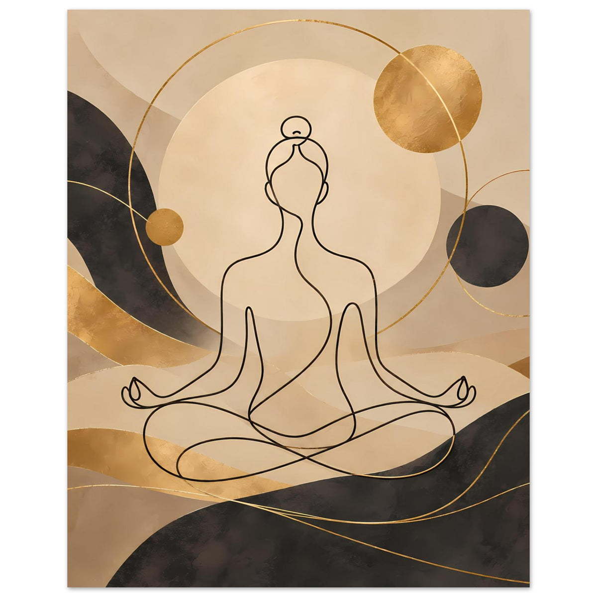 Goldener Kunstdruck mit sitzender Yoga-Skizze, Kreise und geschwungene Linien in Beige und Schwarz