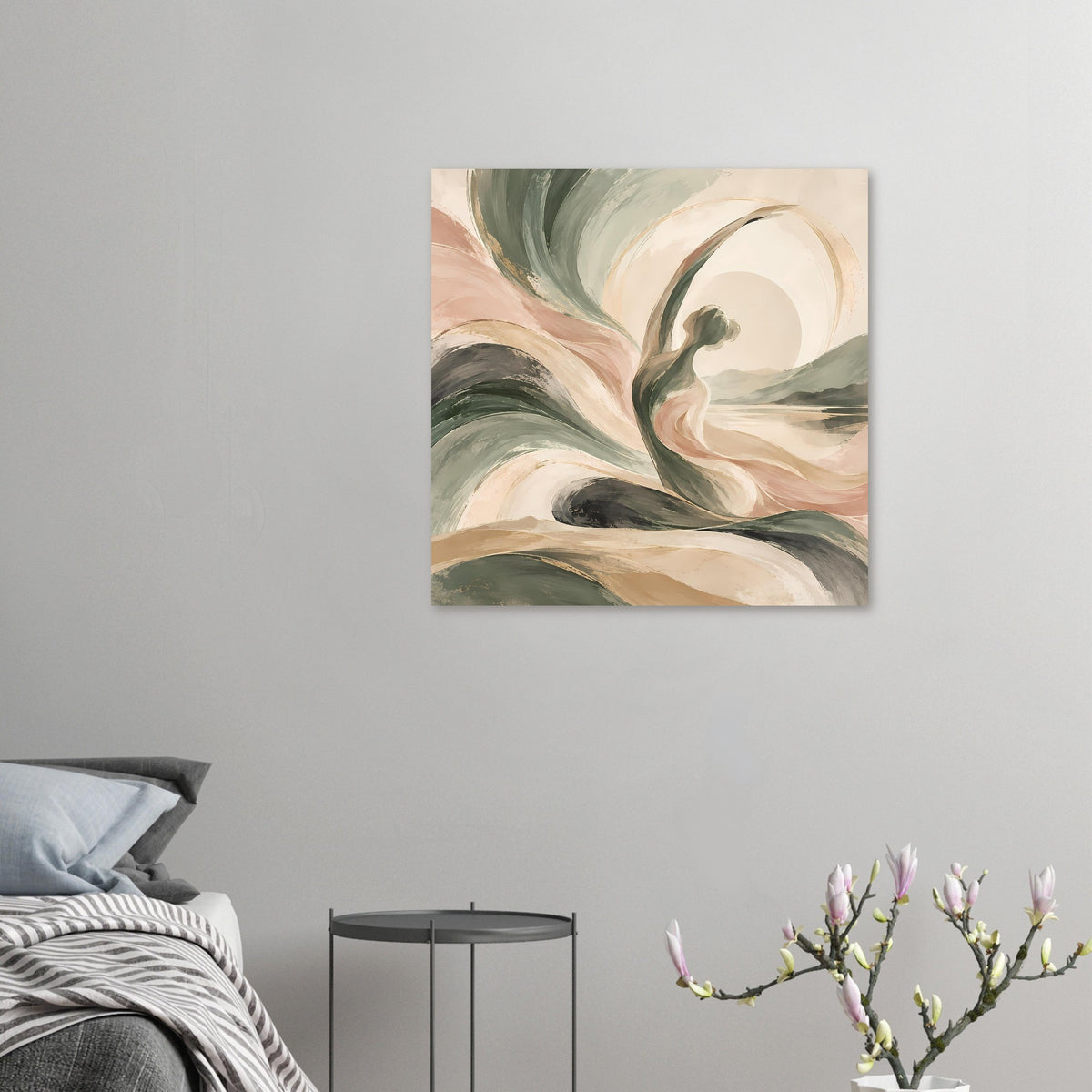 Abstraktes Kunstposter (klein) mit Kreisform und geschwungenen Pinselstrichen in sanften Erdtönen.