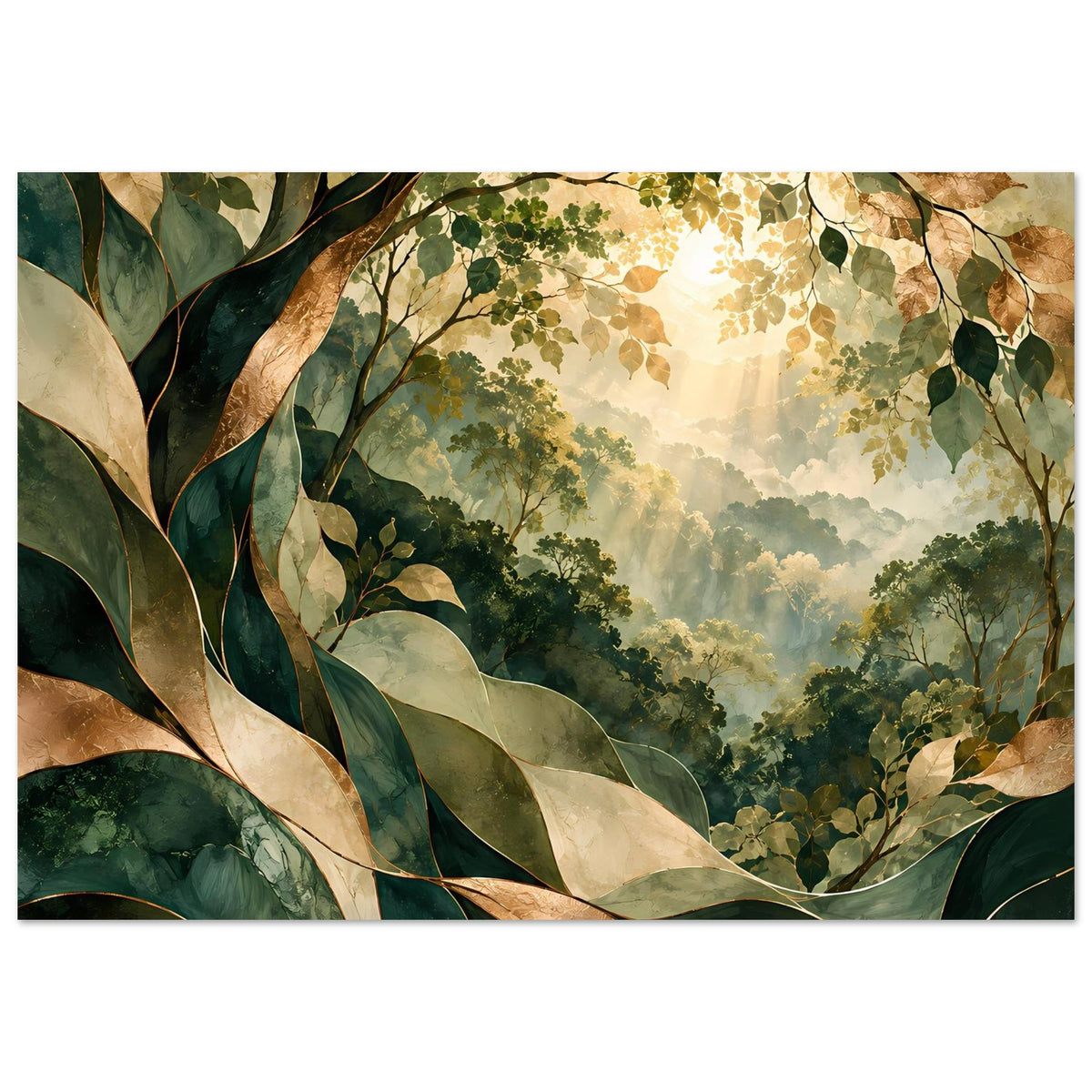 Naturposter im Querformat mit Blattbogen links, goldener Sonne im Hintergrund und dichter Vegetation