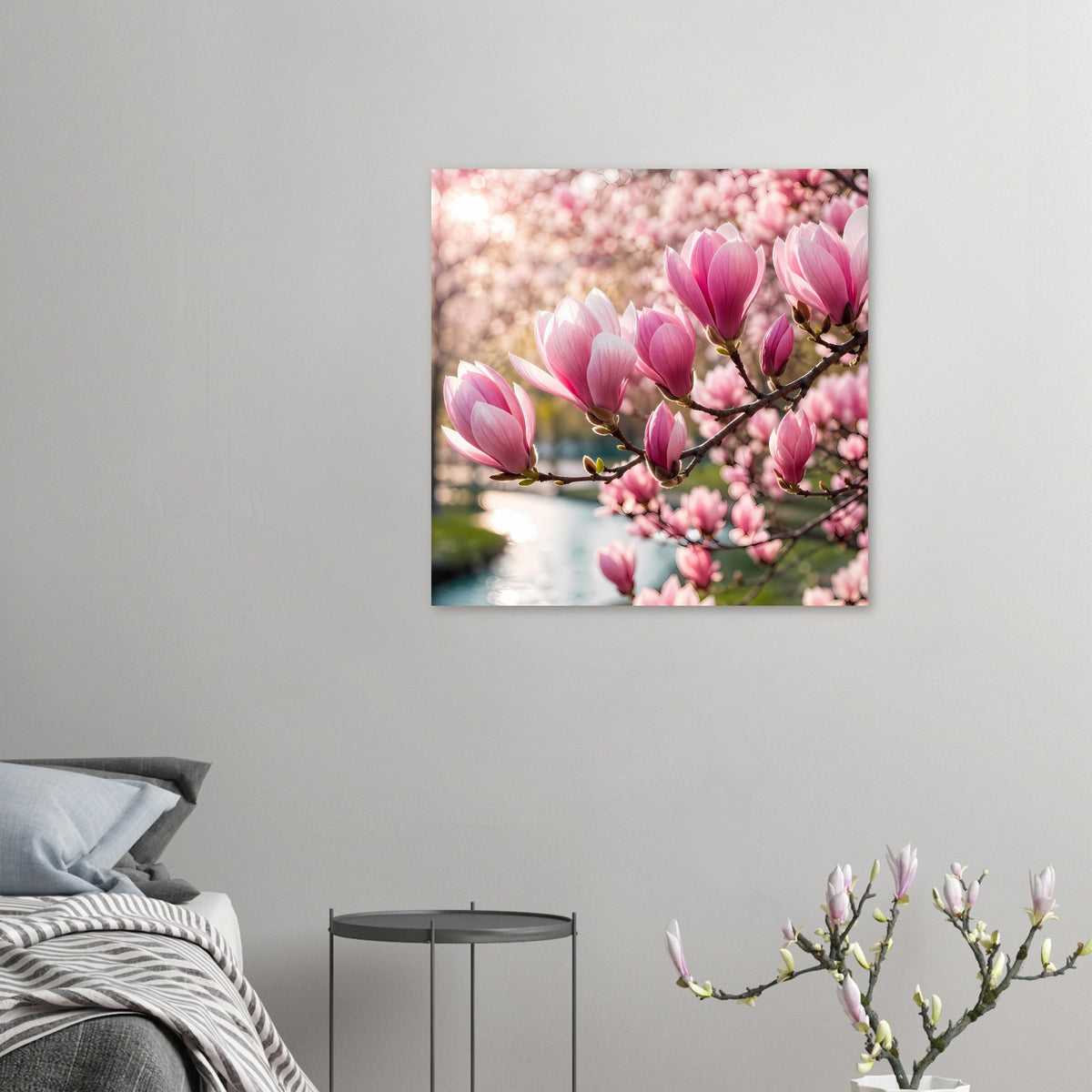 Blumenposter im Rahmen mit Magnolienblüten in Pink und Weiß, quadratischer Zuschnitt