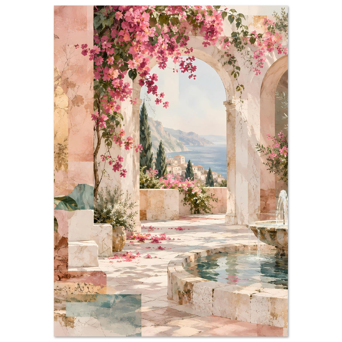 Kunstposter im Hochformat mit Terrassengang, Steinbögen, Brunnenbecken und Blütenlaub