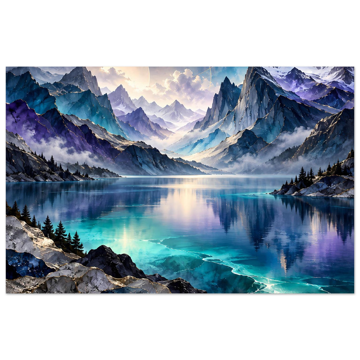 Querformatiges Poster mit Bergsee, schroffen Alpen, türkisfarbenem Flussverlauf und Fichten