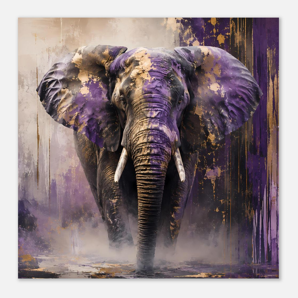 Abstraktes Tierposter: Elefant frontal, lila Farbschichten mit goldenen Spritzern