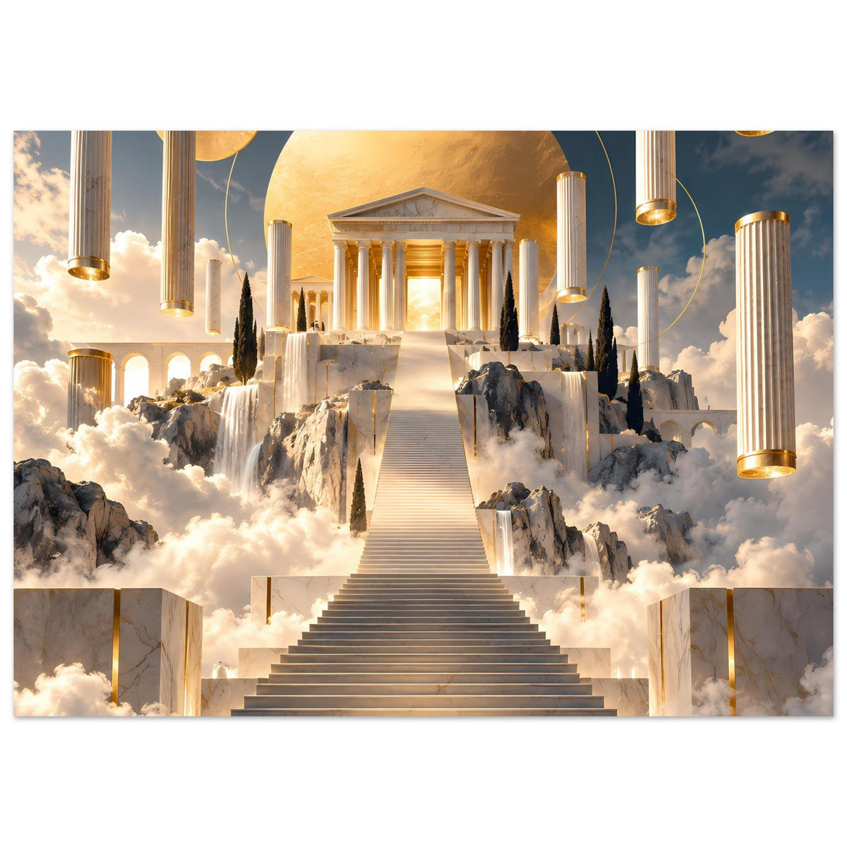 Querformatiges Kunstposter mit goldenen Säulen, Wasserfällen, Treppe und Himmel