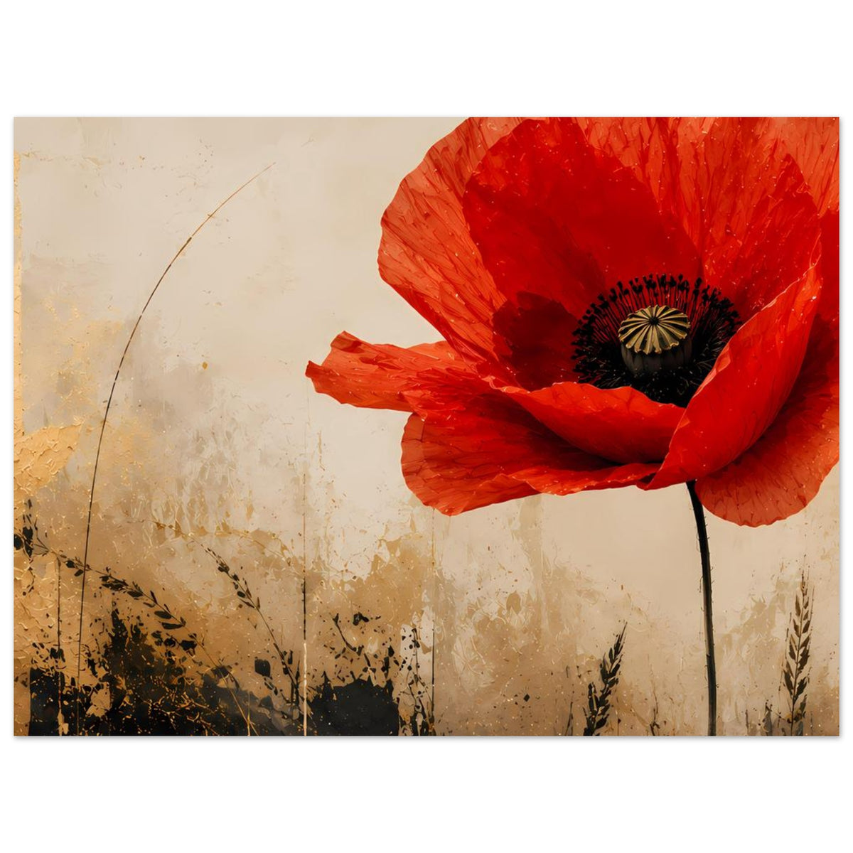 Weites Poster mit roter Mohnblume, großer Blütenkopf oben, dunkler Kern im Fokus