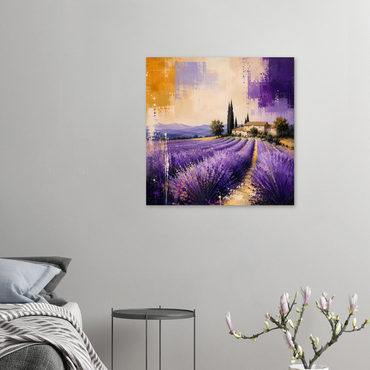 Lavendel-Landschaftsposter, quadratisches Motiv mit violettem Lavendelfeld und Zypressen