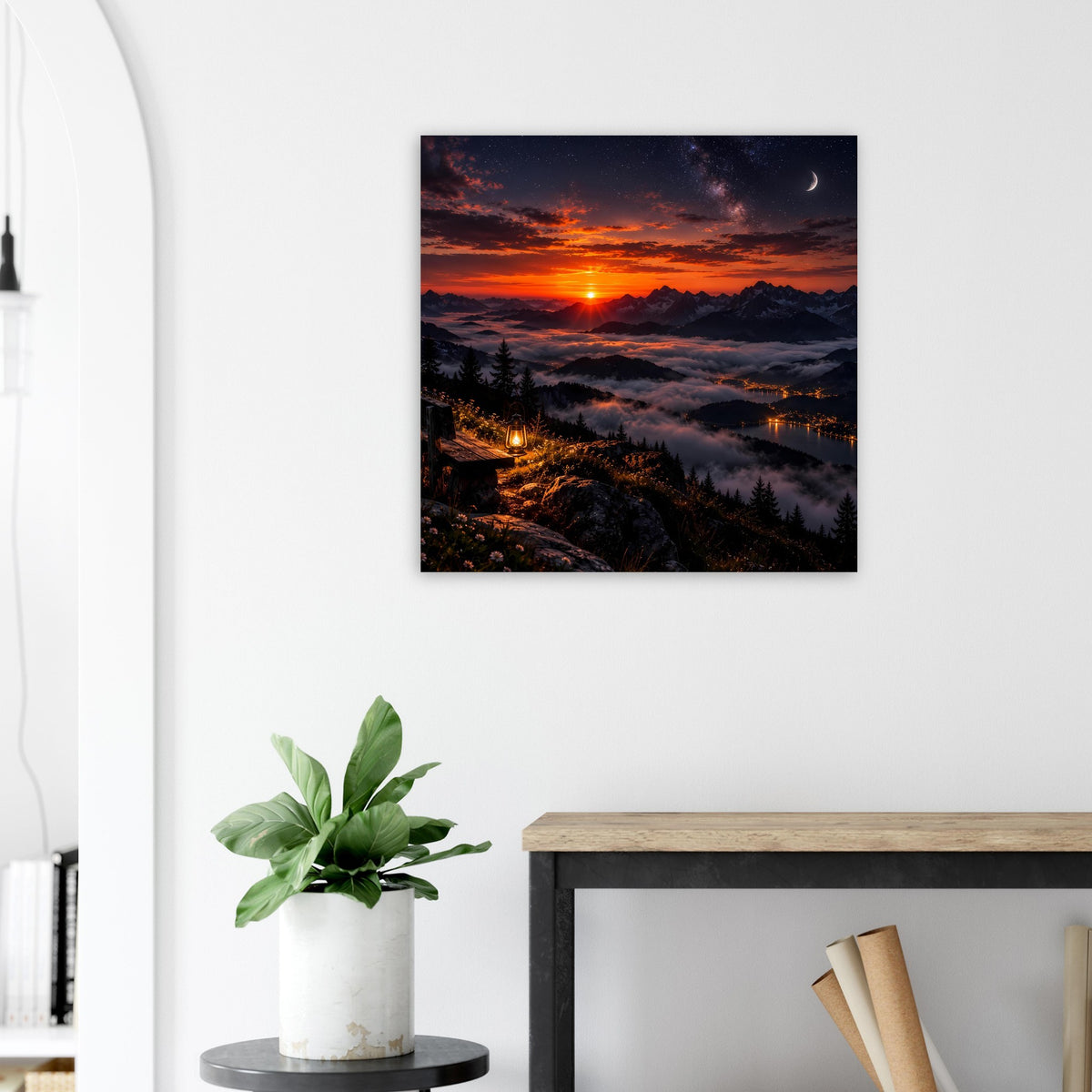 Landschaftsposter mit Sonnenuntergang über Berglandschaft, Tal und fernen Lichtern