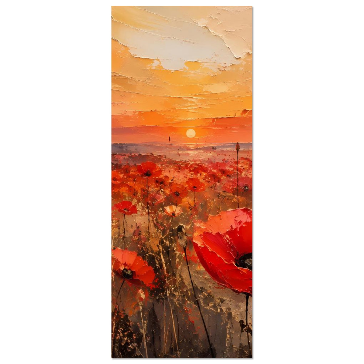 Vertikales Poster mit rotem Mohnfeld, orangegelbem Himmel und hell leuchtender Sonne