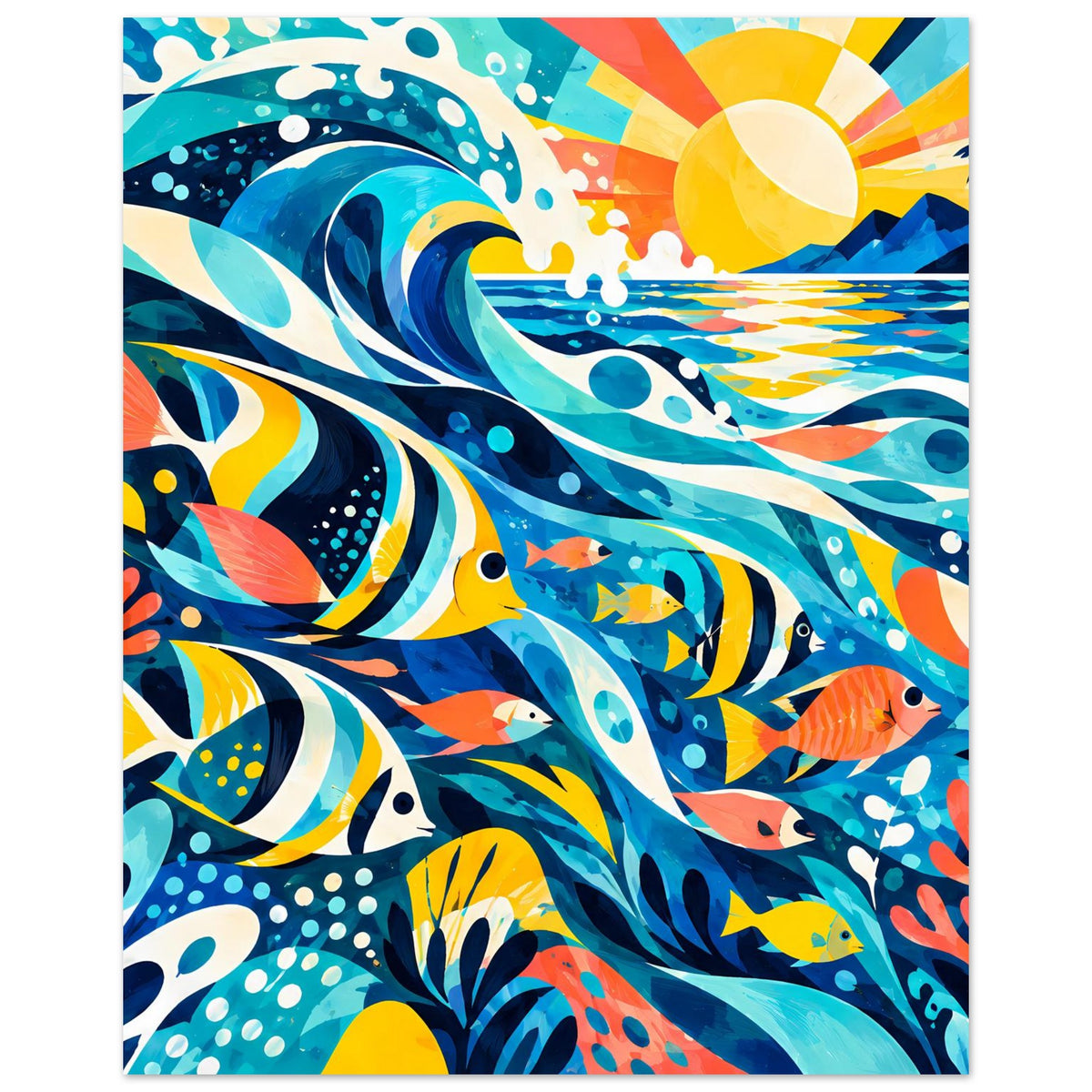 Tropisches Ozeanposter (vertikal) mit bunten Fischen, Wellen und Sonnenmotiv