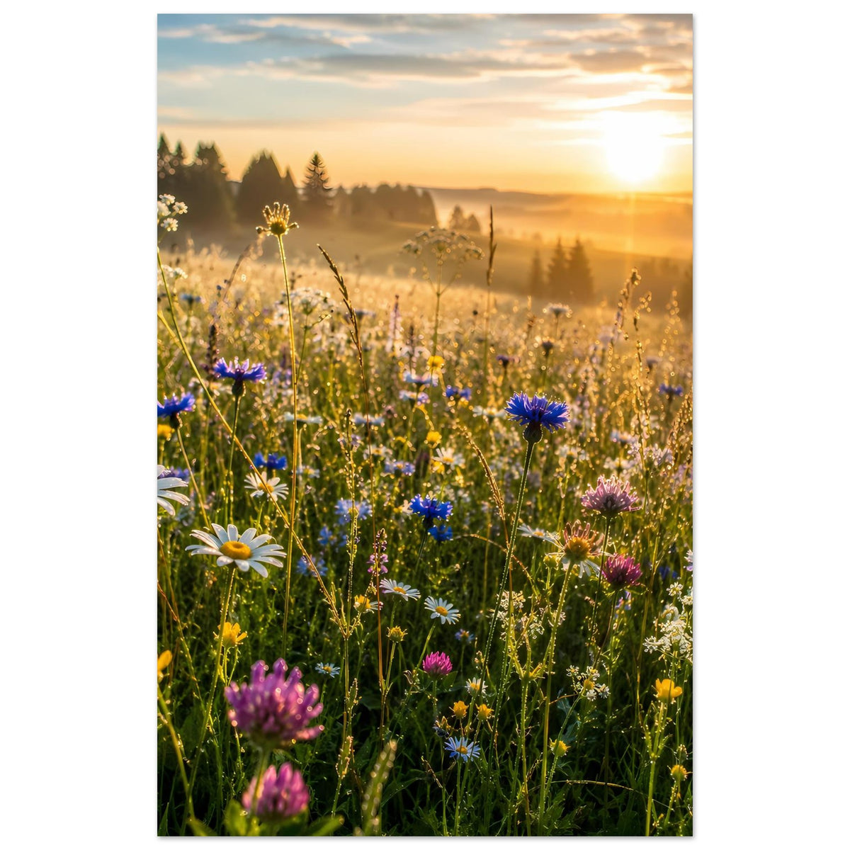 Poster mit Wildblumenwiese, vertikales Motiv mit Sonnenuntergang und Wiesenblumen