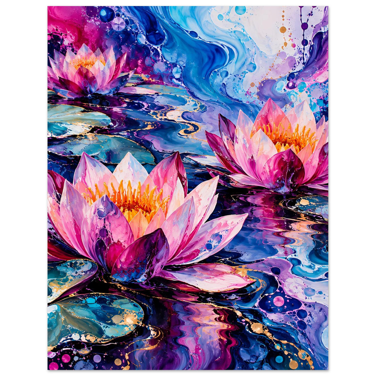 Blumenposter mit abstrakten Seerosen in Pink, Blau und Violett, größere Blütendetails