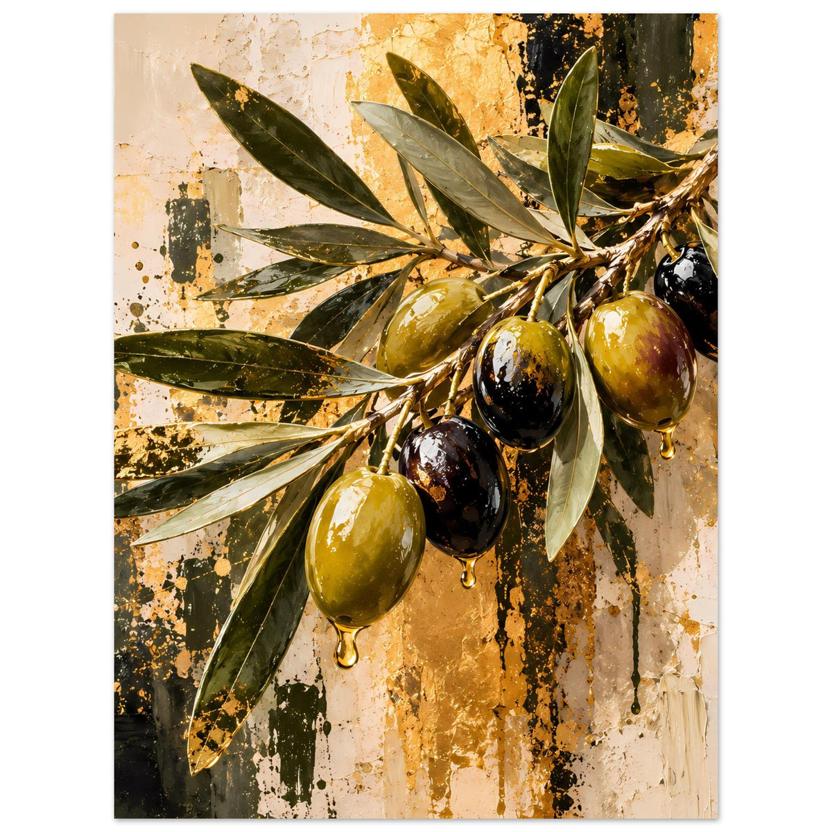 Poster mit Olivenzweigen, Gold- und schwarze Oliven, vertikal
