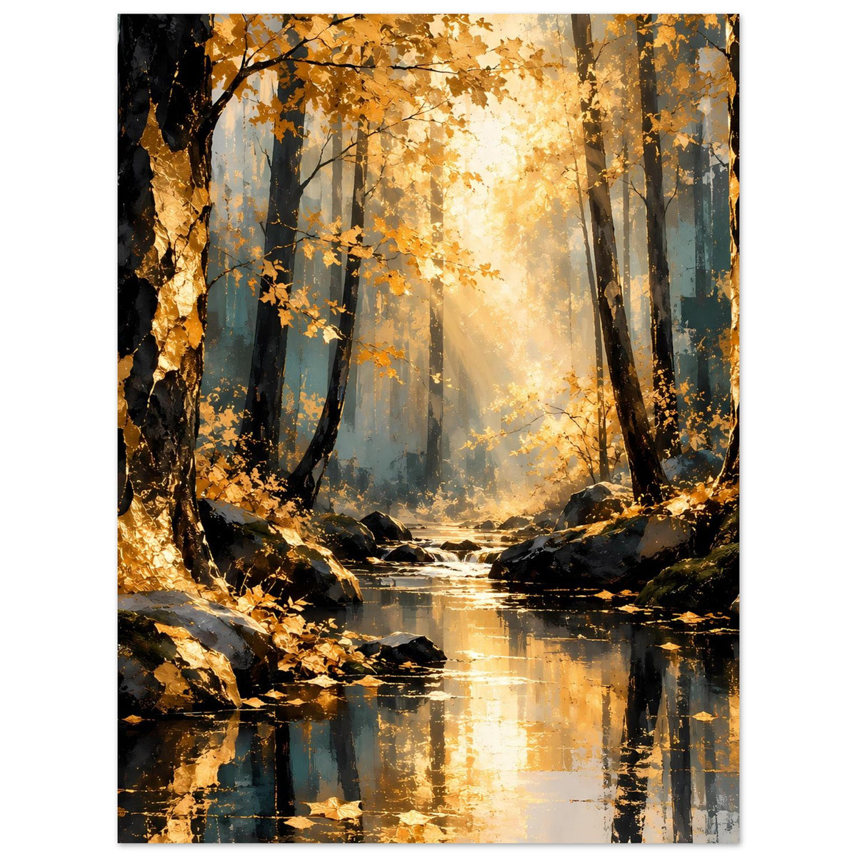 Herbstwald-Poster vertikal: dunkle Stämme, goldene Blätter und spiegelndes Wasser