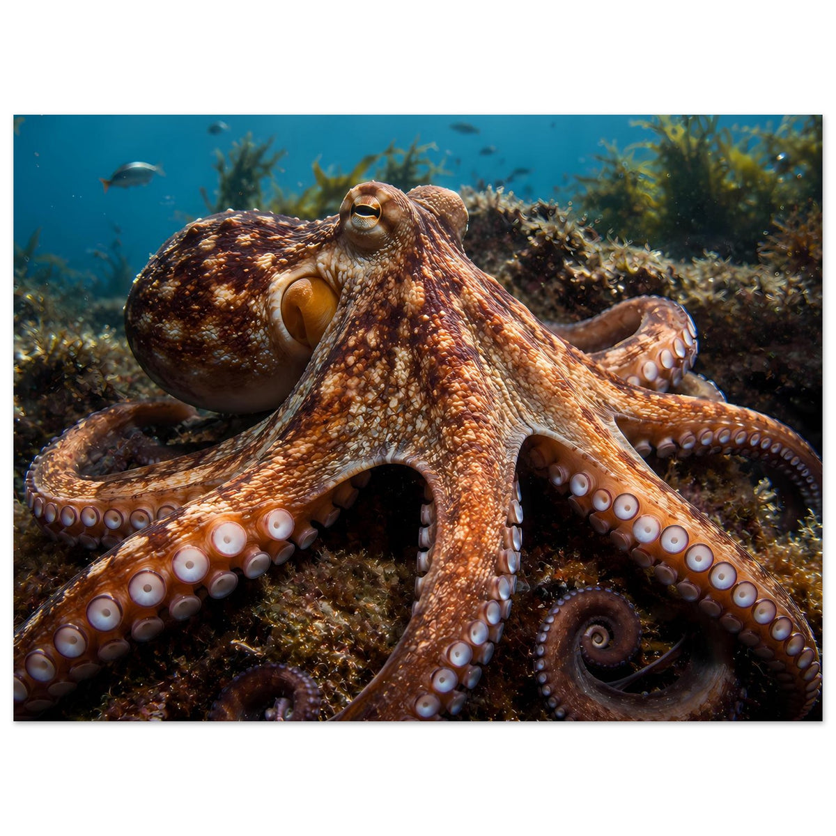 Hochkantposter mit braunem Oktopus, klar erkennbaren Saugnäpfen an den Tentakeln