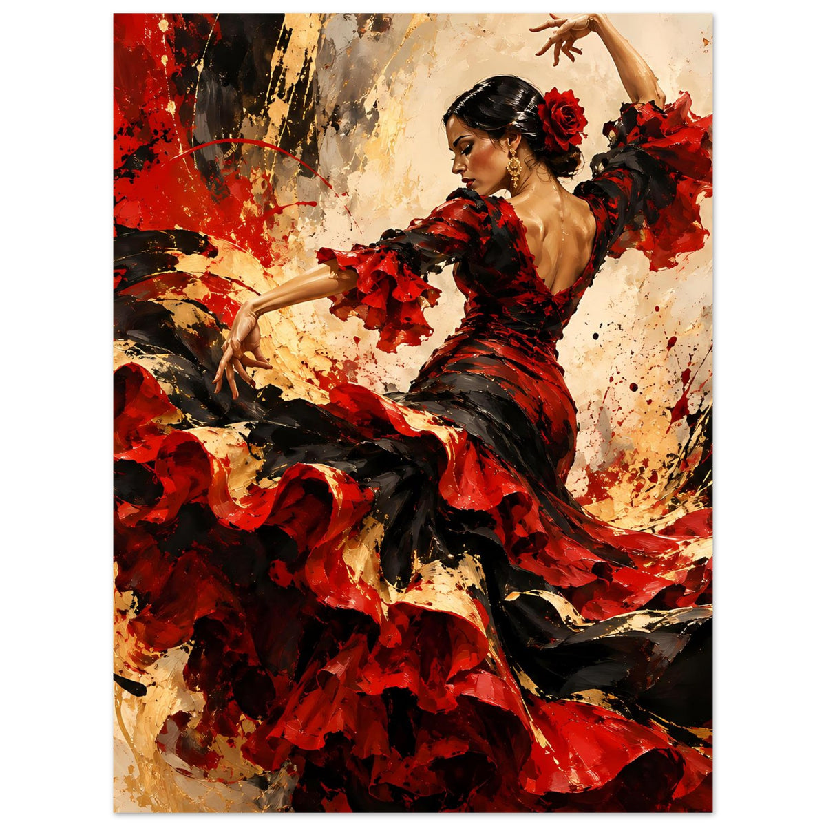 Poster mit Flamenco-Tänzerin in Rot/Schwarz, Arm hoch, detailreicher Rock