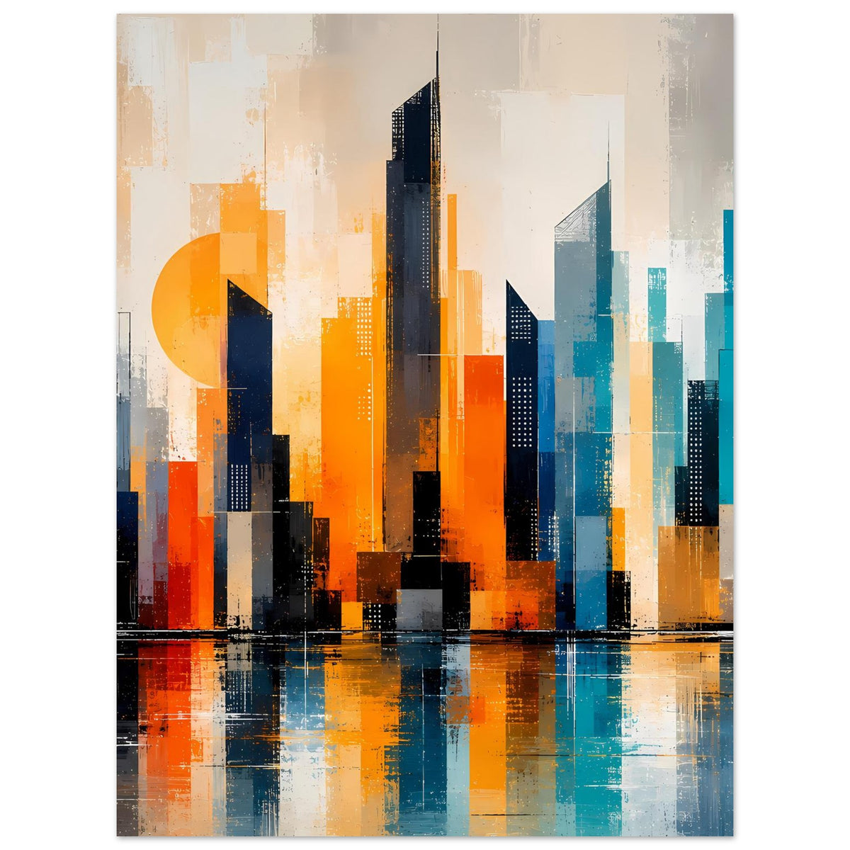 Abstrakter Städtehimmel im Posterformat: orange und türkisfarbene Hochhäuser mit Spiegelung