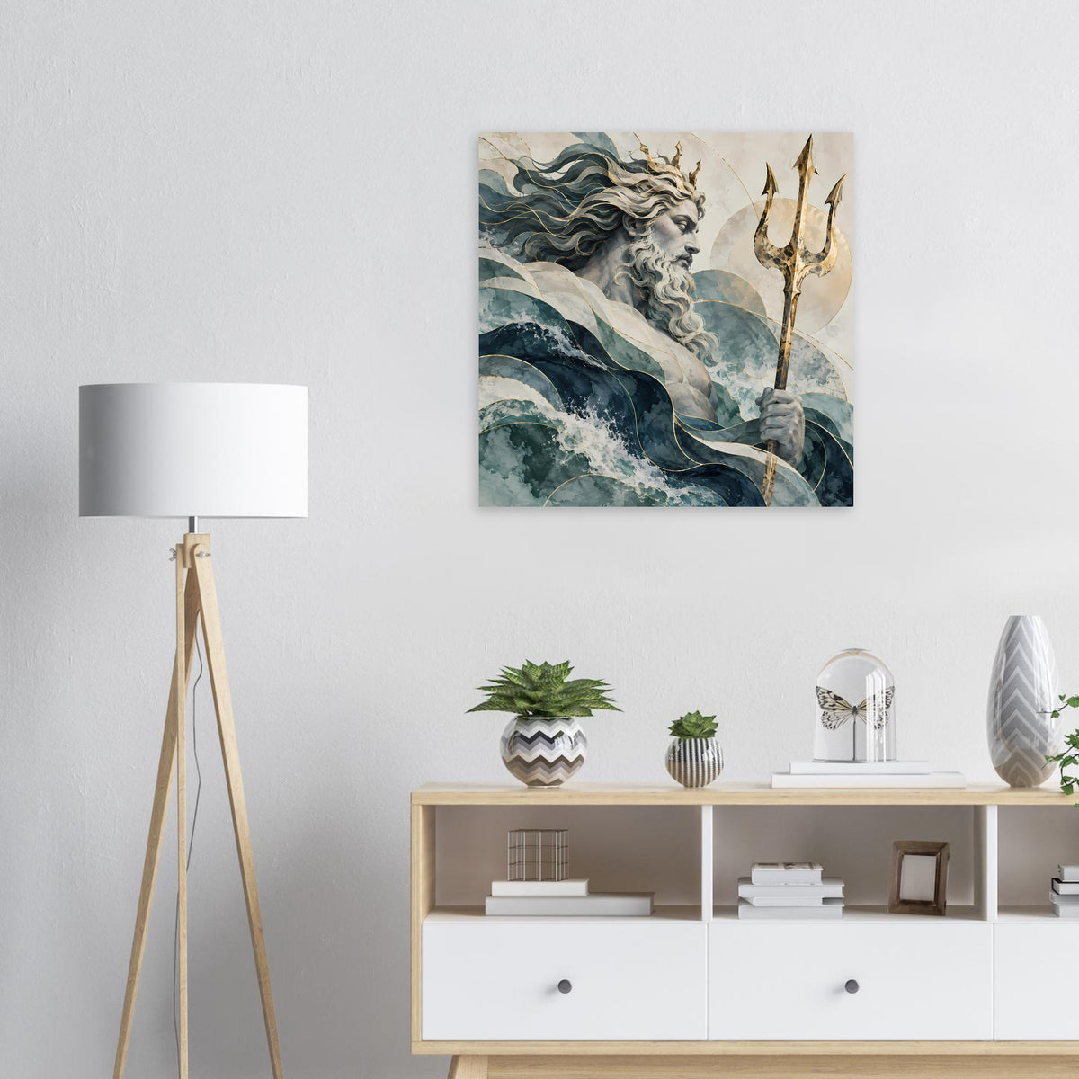 Majestic Neptune-Wandkunst-Poster mit Poseidonfigur, Wellen und goldenem Dreizack
