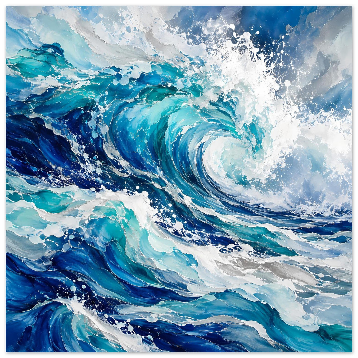 Ozeanwellen-Poster im Hochformat: kräftige Wasserbögen in Blau und Türkis mit weißem Schaum