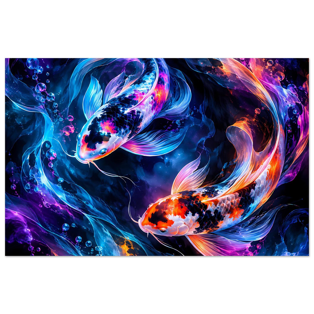 Querformat-Poster mit zwei leuchtenden Koi-Fischen in Blau, Orange und Pink, mit Wasserblasen