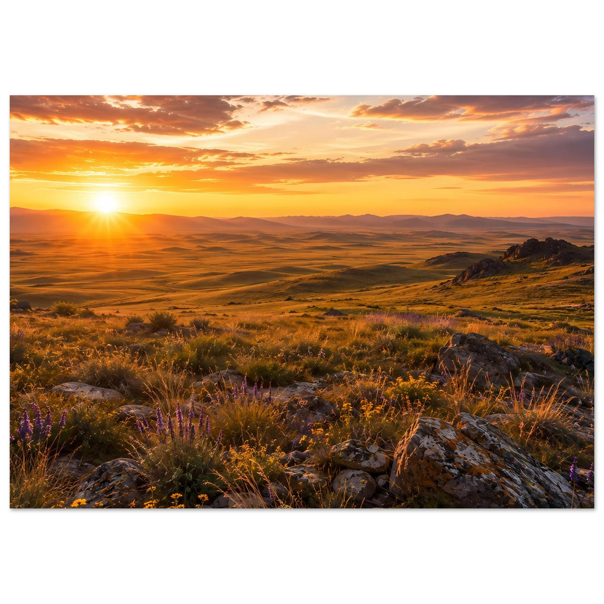 Naturposter mit Sonnenuntergang über Landschaft, horizontale Ansicht, Sonne links, Gräser, Steine und Blüten