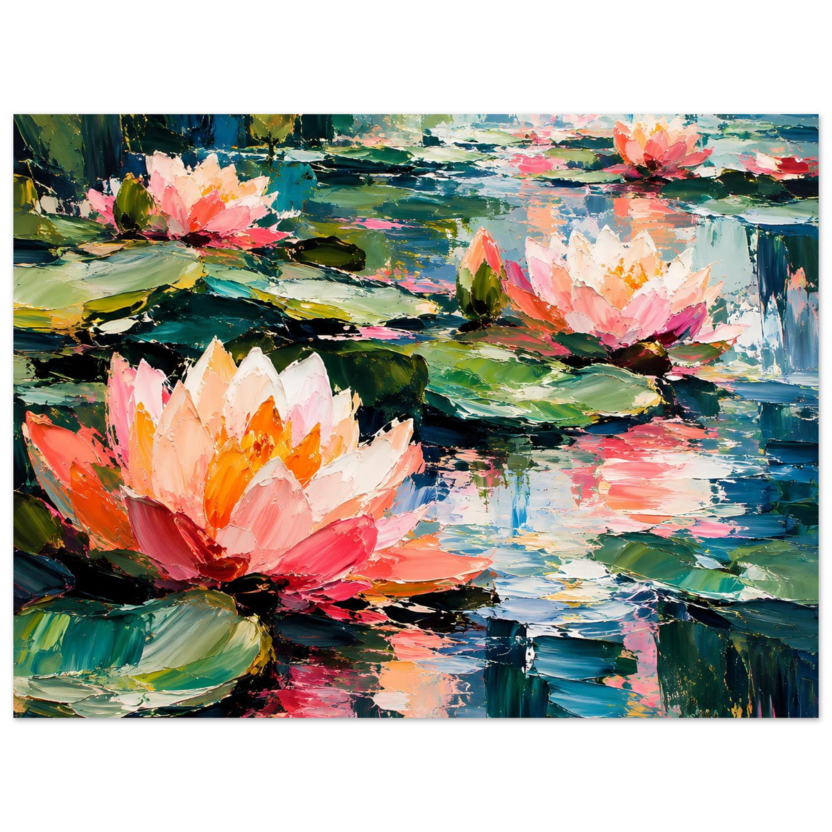 Poster mit Seerosenblüten in Pink und Orange, abstrakte Farbflächen im Wasser