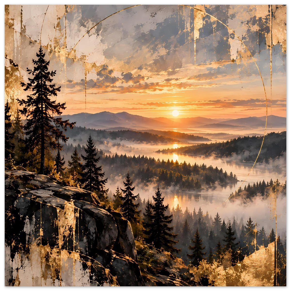 Landschaftsposter mit Sonnenuntergang, großer Sonne mittig, Fels und Tannen im Nebel