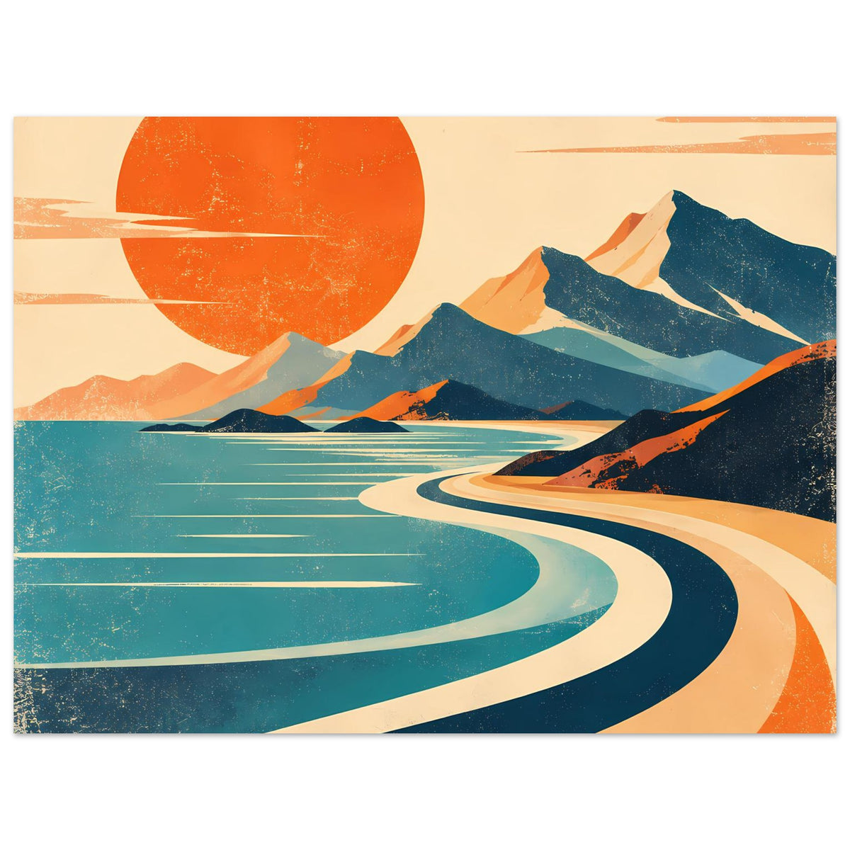 Vintage-Poster mit großer roter Sonne, blauen Bergen und gewellter Wasserlinie in Türkis