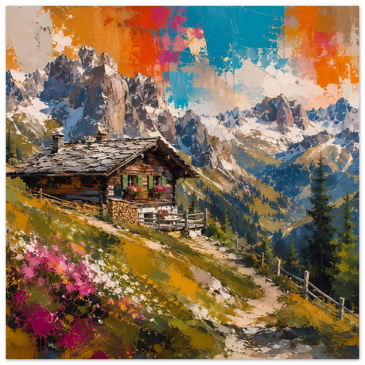 Poster im Hochformat: Alpenhütte, Berggipfel und Pinselstriche in Orange, Blau, Pink