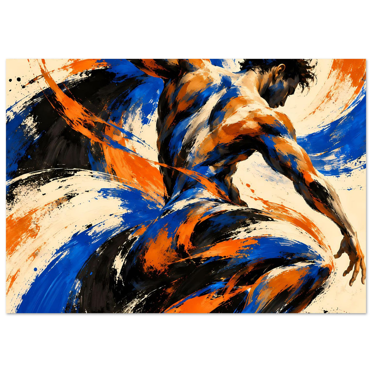 Abstraktes Kunstposter, Ausschnitt der Aktfigur: blaue und orangefarbene Farbwirbel