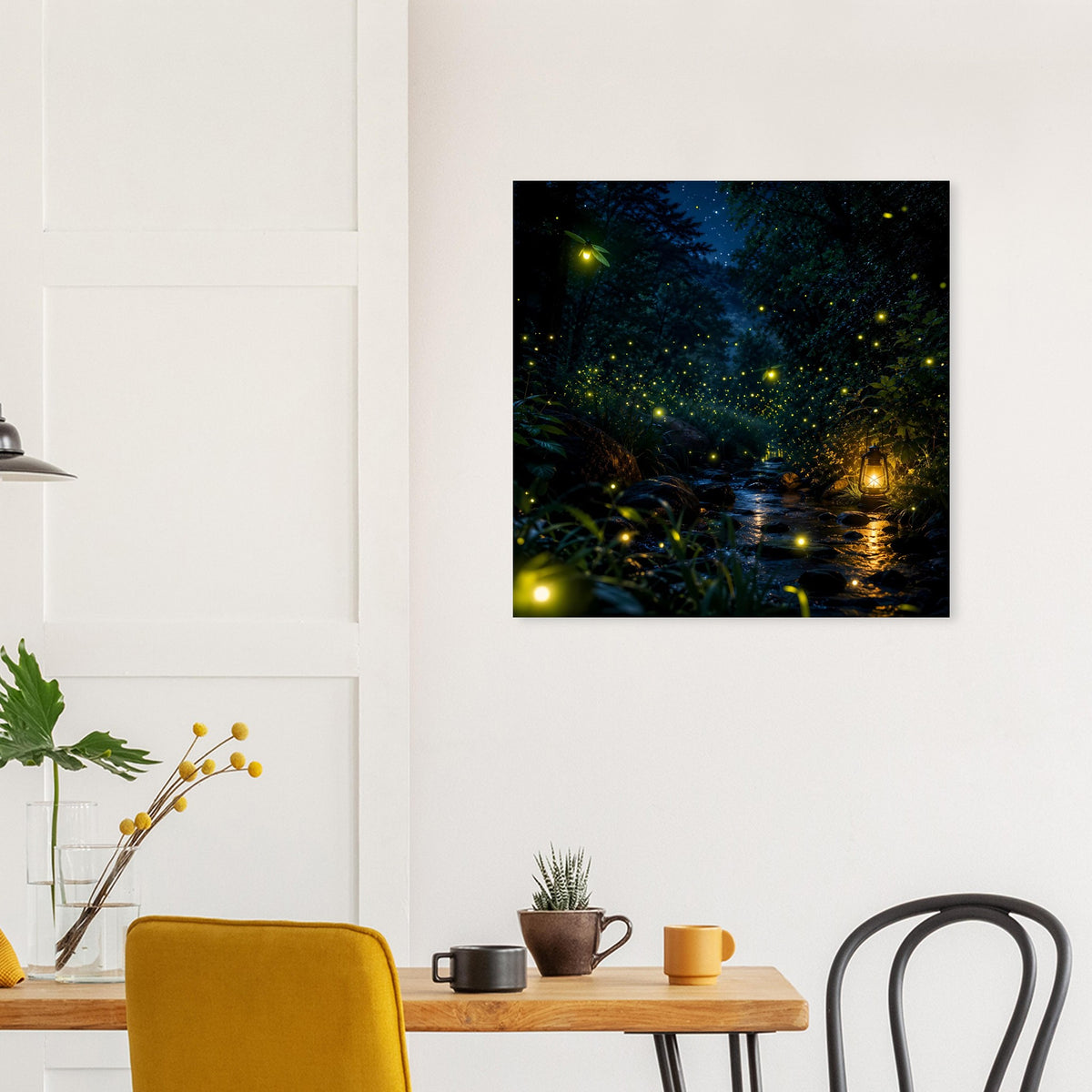 Quadratisches Poster über Holzregal: dunkler Wald, Fluss und gelb leuchtende Punkte