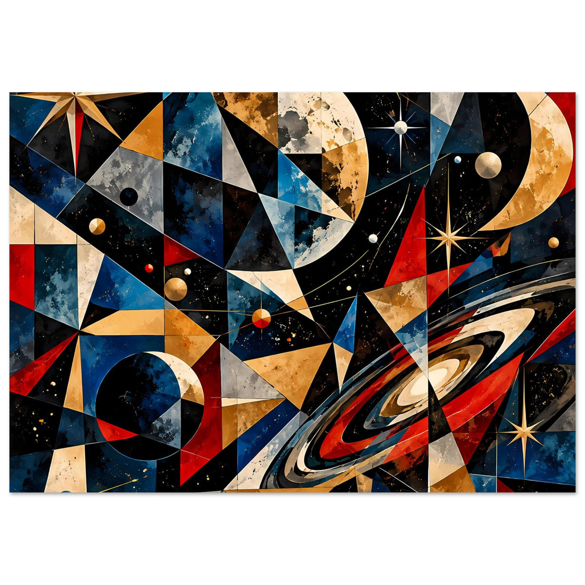 Poster mit kosmischen Kreisen und Dreiecksflächen, Planeten und Sterne in Blau, Rot, Gold.