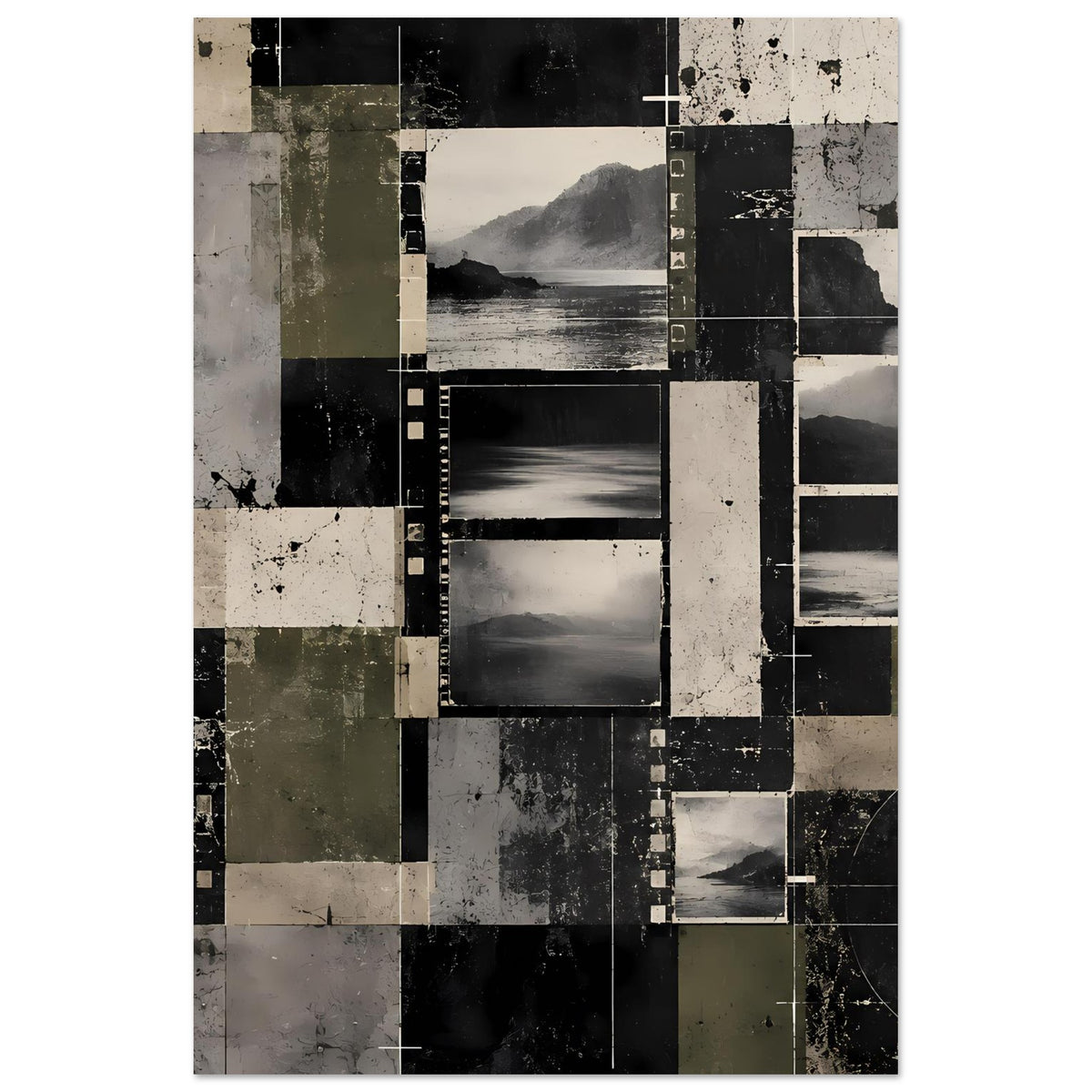 Abstraktes Landschafts-Poster im Hochformat mit filmstreifenartigen Linien und Landschaftsdetails