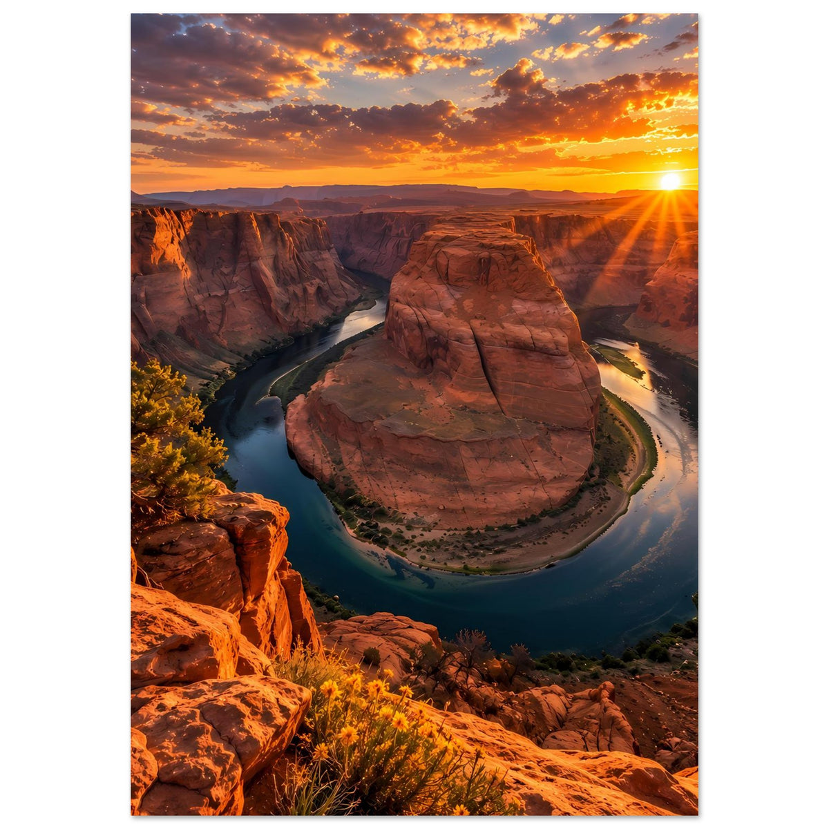 Vertikales Poster: Blick in den Canyon mit Flusslauf und leuchtender Abendsonne