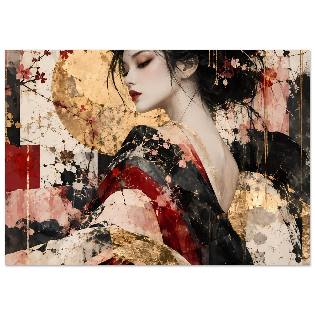 Kunstposter mit Frauenporträt in Rot, Rosé und Gold, vertikal