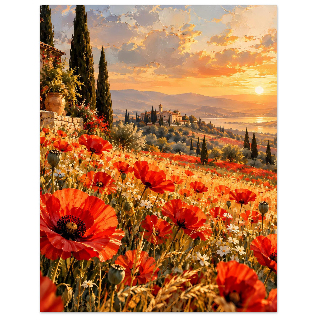 Poster mit rotem Mohn, Hügelkulisse und goldenem Sonnenuntergang