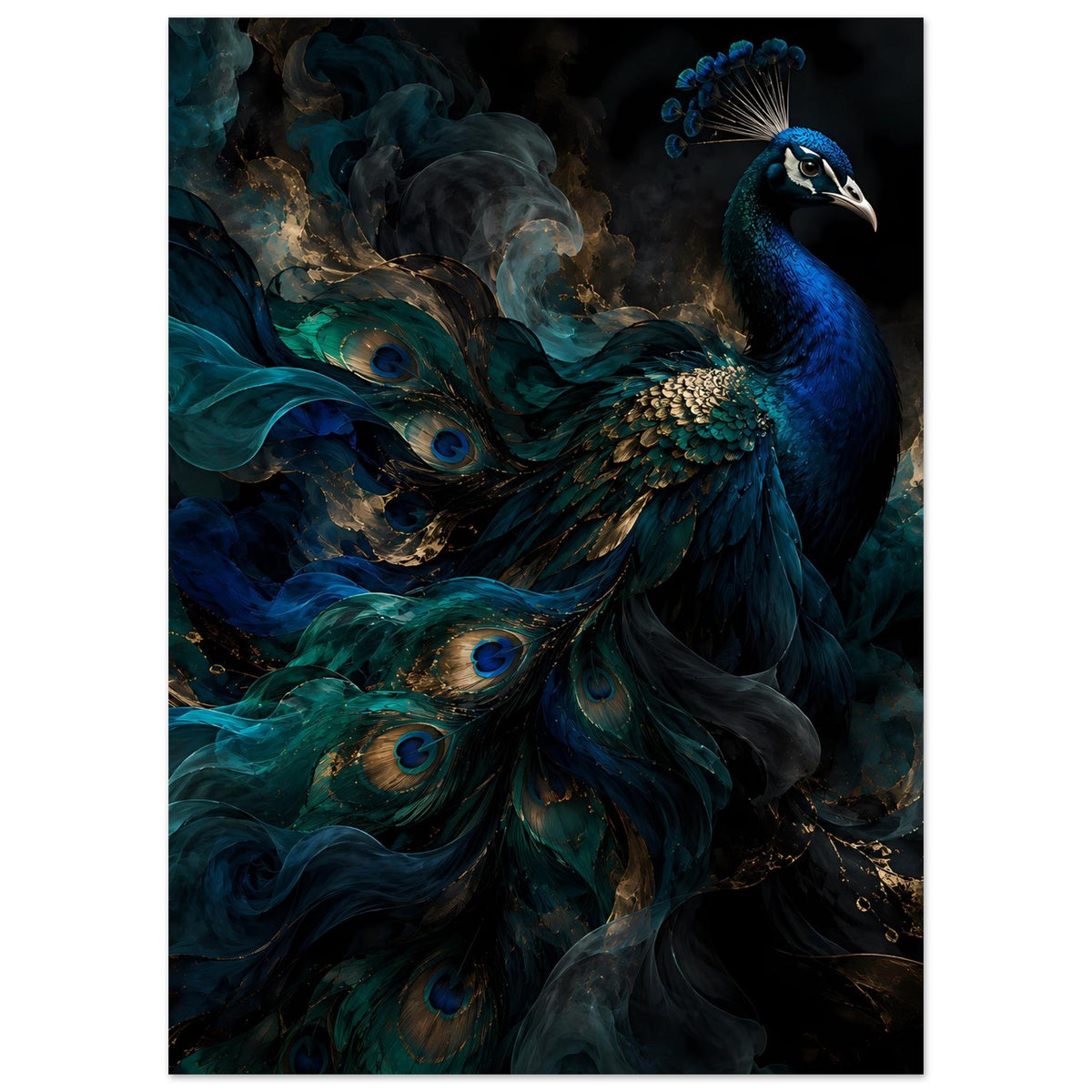 Kunstposter mit Pfau im Profil, ausgebreitete Federn in Blaugrün und Gold