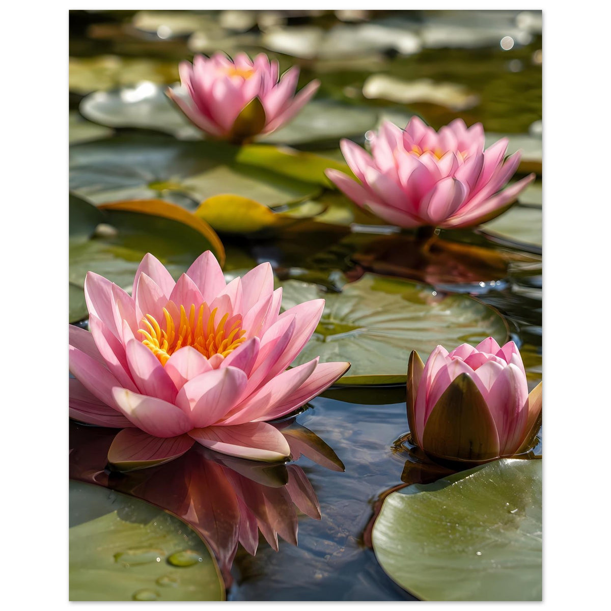 Poster mit drei rosa Seerosenblüten auf Wasser und überlappenden Schwimmblättern