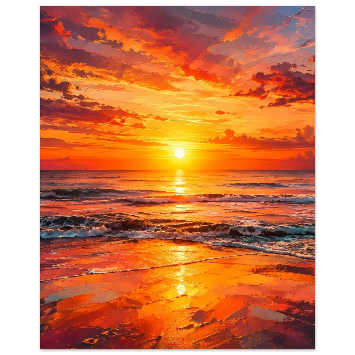 Vertikales Poster mit Meeressonnenuntergang: orangefarbener Himmel, Sonne im Zentrum, Brandung