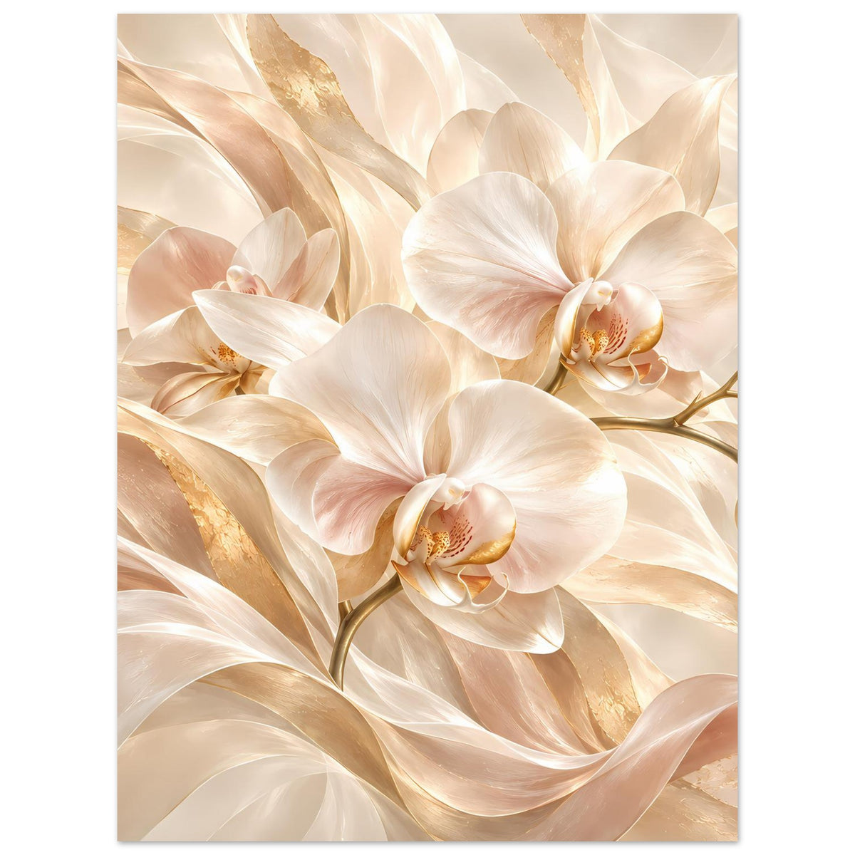 Orchideenposter mit weißen Blüten und goldenen Akzenten in sanften Creme-Tönen